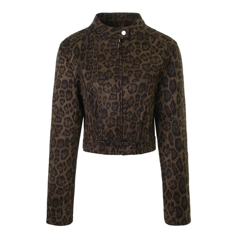 Crewneck Leopard Print Mocka Cropped Jacka