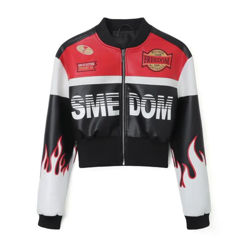Flame Print Faux Leather Biker Jacket