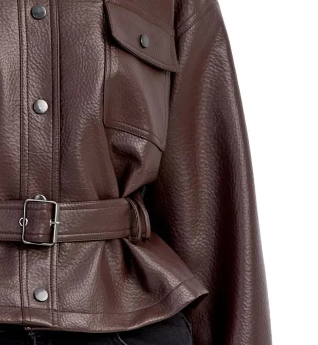 Pebbled Faux Leather Jacket with Belt and Pockets