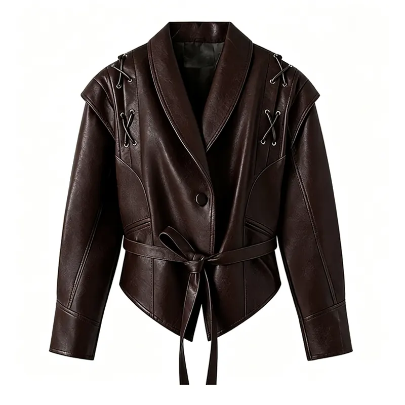 Lace-Up Shoulder Faux Leather Jacket with Belt